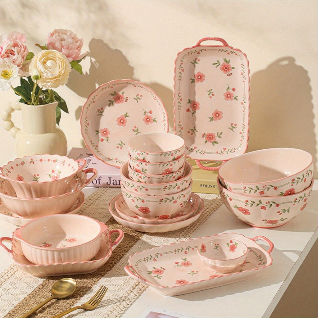 Peach Blossom" Pink Ceramic Dinnerware Set (16/33/44 Pieces)