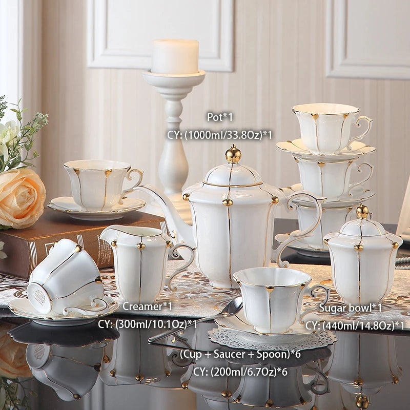 Gold Pearl Bone China Coffee Set British Porcelain Tea Set Luxury Ceramic Pot Creamer Sugar Bowl Teatime Teapot Coffee Cup Mug