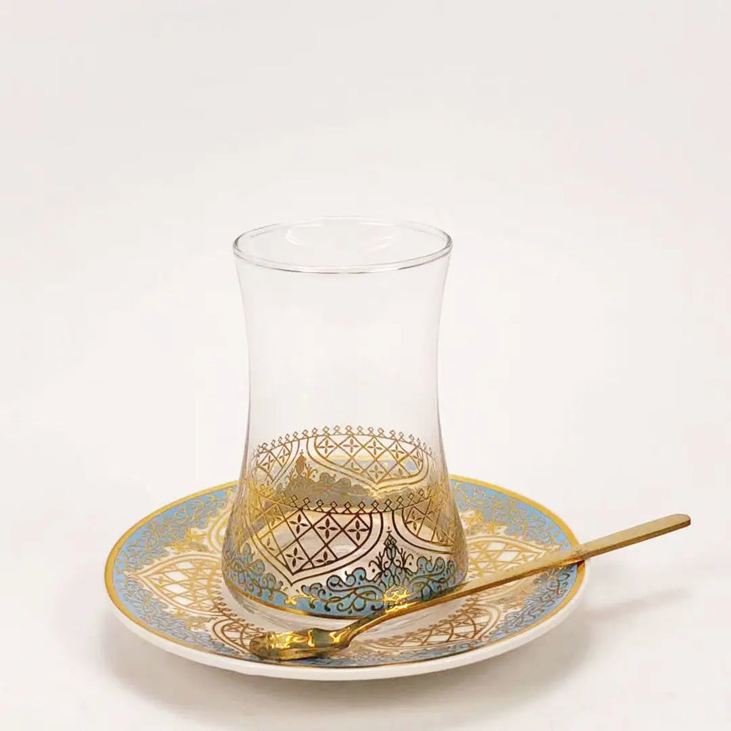 Turkish Blue & Gold Tea Glass Set with Saucers & Spoons