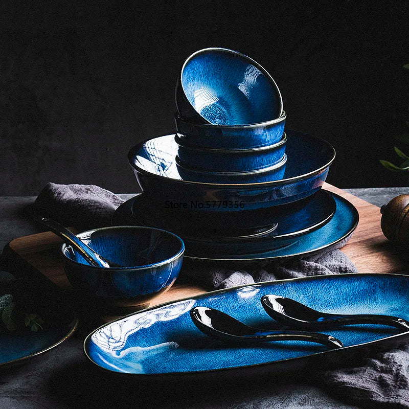 Japanese "Ocean Blue" Kiln Glazed Ceramic Dinnerware Set – Ramen Bowls & Plates