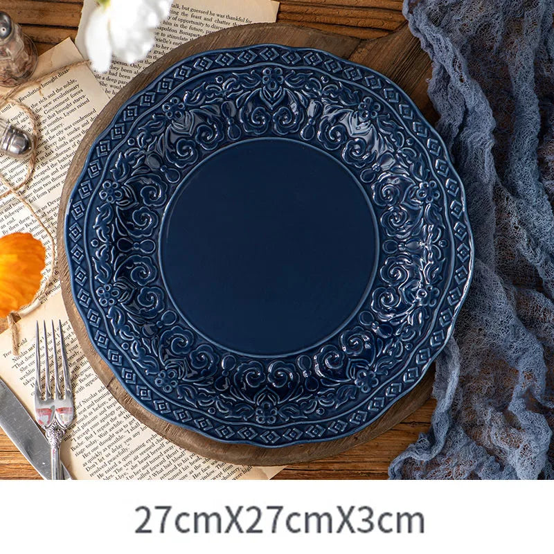 Retro Relief Underglaze Ceramic Dinnerware – Embossed Western Steak Plates