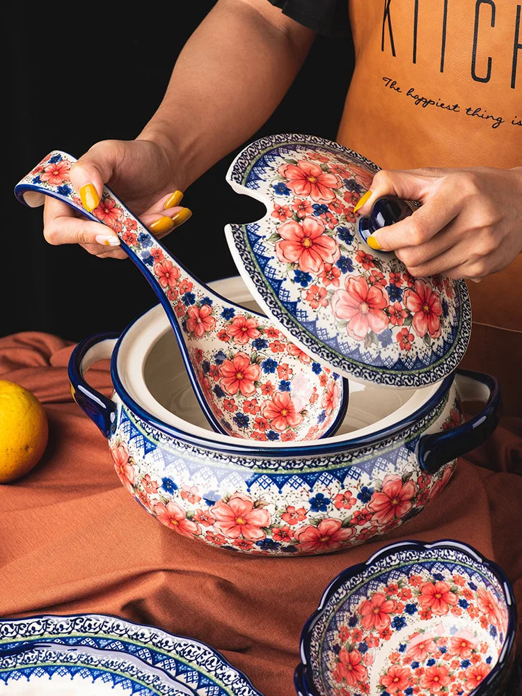 Creative Polish-Style Ceramic Collection – Double-Handle Noodle Bowls & Plates