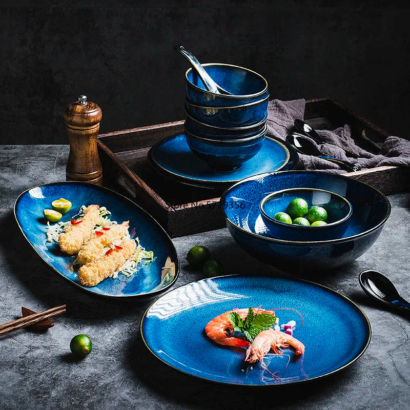 Japanese "Ocean Blue" Kiln Glazed Ceramic Dinnerware Set – Ramen Bowls & Plates