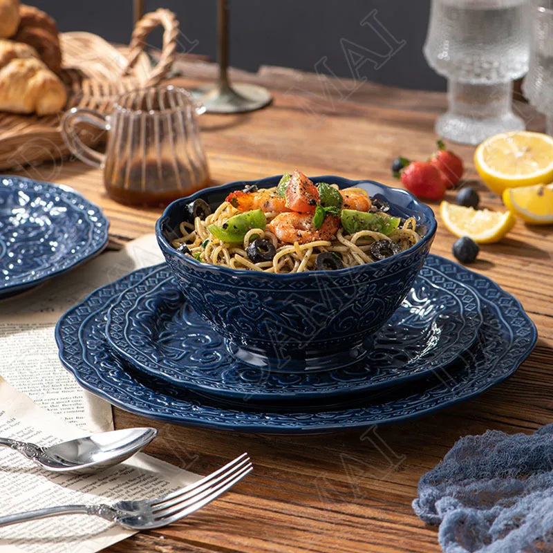 Retro Relief Underglaze Ceramic Dinnerware – Embossed Western Steak Plates