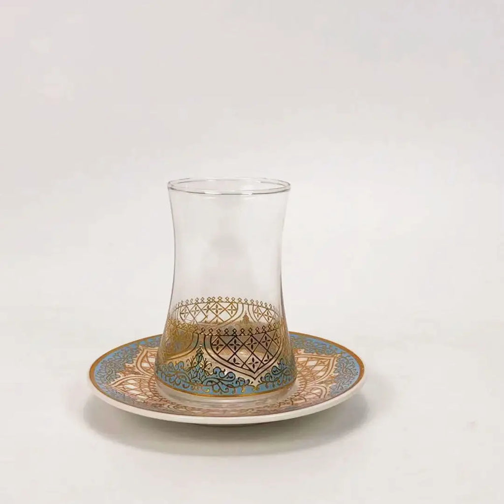 Turkish Blue & Gold Tea Glass Set with Saucers & Spoons