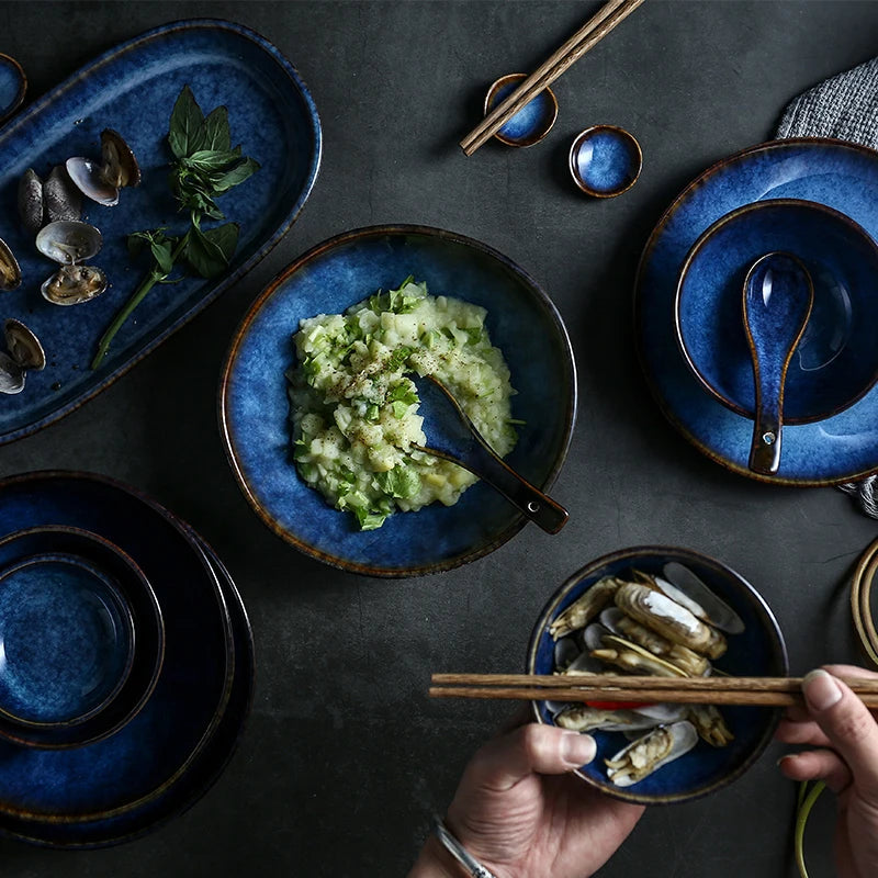 KINGLANG Deep Blue Ceramic Tableware Set – Full Dinner Set