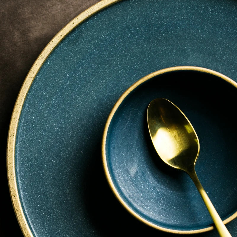 KINGLANG Luxury "Real Gold Rim" Ceramic Dinnerware – Steak Plate & Rice Bowl