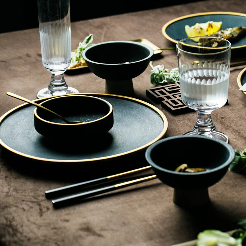 KINGLANG Luxury "Real Gold Rim" Ceramic Dinnerware – Steak Plate & Rice Bowl