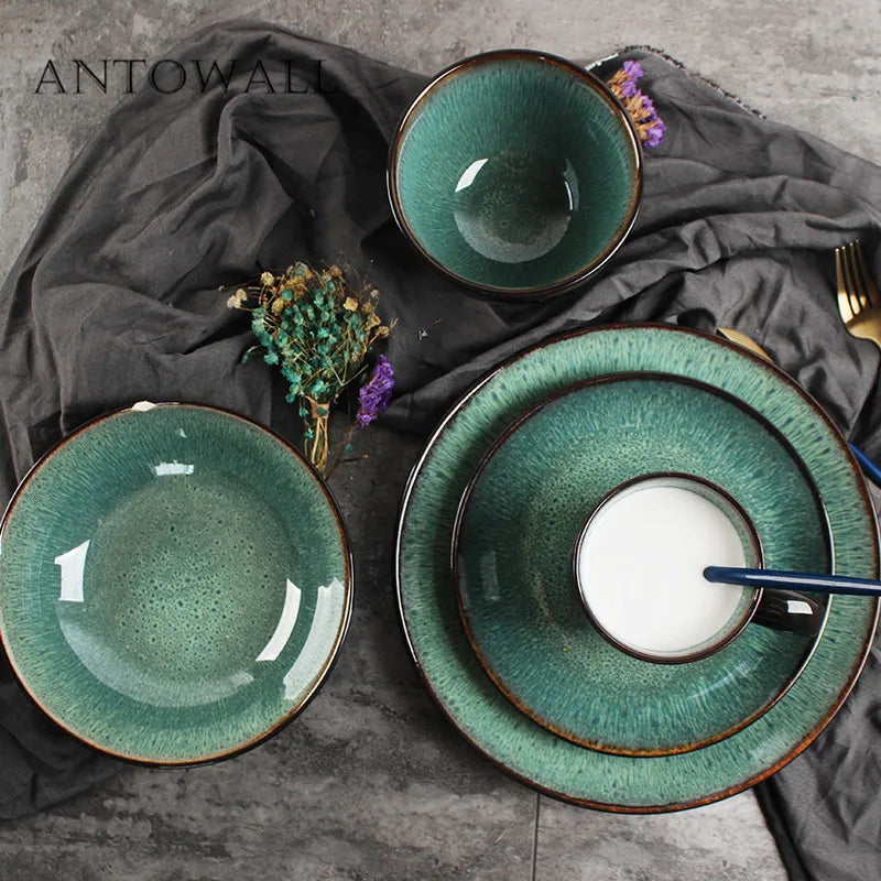 ANTOWALL "Peacock Blue" Kiln Glazed Ceramic Dinnerware – European Style