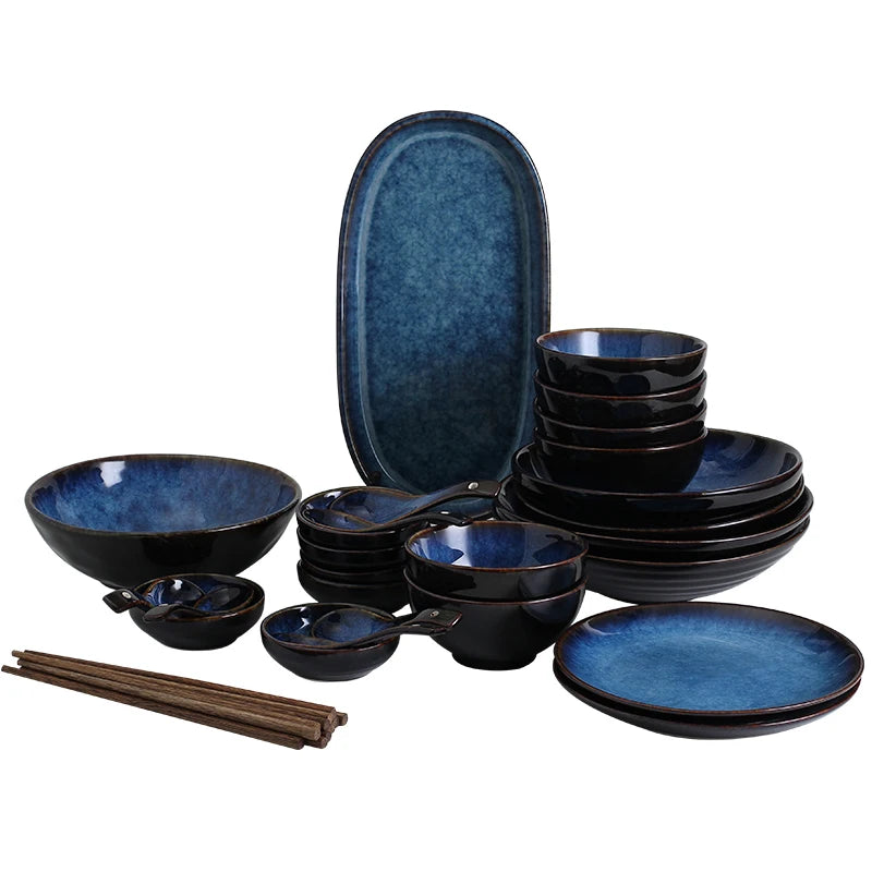 KINGLANG Deep Blue Ceramic Tableware Set – Full Dinner Set