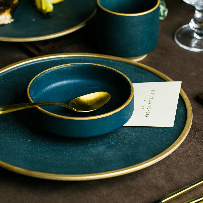 KINGLANG Luxury "Real Gold Rim" Ceramic Dinnerware – Steak Plate & Rice Bowl
