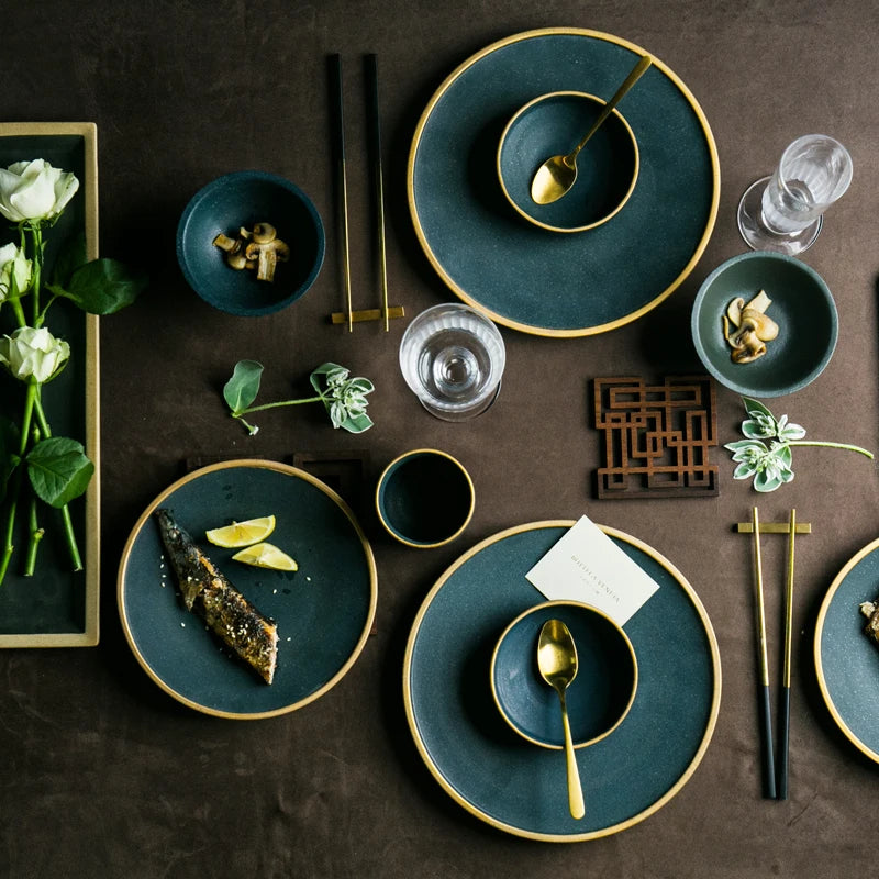 KINGLANG Luxury "Real Gold Rim" Ceramic Dinnerware – Steak Plate & Rice Bowl