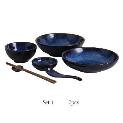 KINGLANG Deep Blue Ceramic Tableware Set – Full Dinner Set