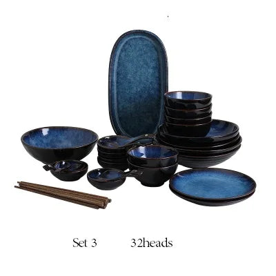 KINGLANG Deep Blue Ceramic Tableware Set – Full Dinner Set