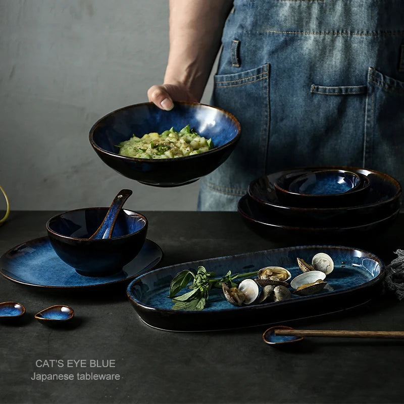 KINGLANG Deep Blue Ceramic Tableware Set – Full Dinner Set