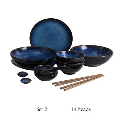 KINGLANG Deep Blue Ceramic Tableware Set – Full Dinner Set