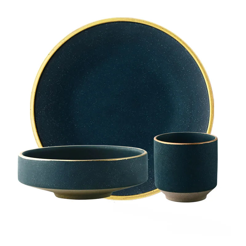 KINGLANG Luxury "Real Gold Rim" Ceramic Dinnerware – Steak Plate & Rice Bowl