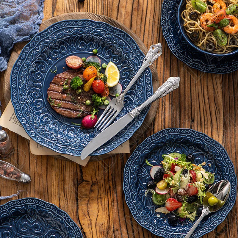 Retro Relief Underglaze Ceramic Dinnerware – Embossed Western Steak Plates