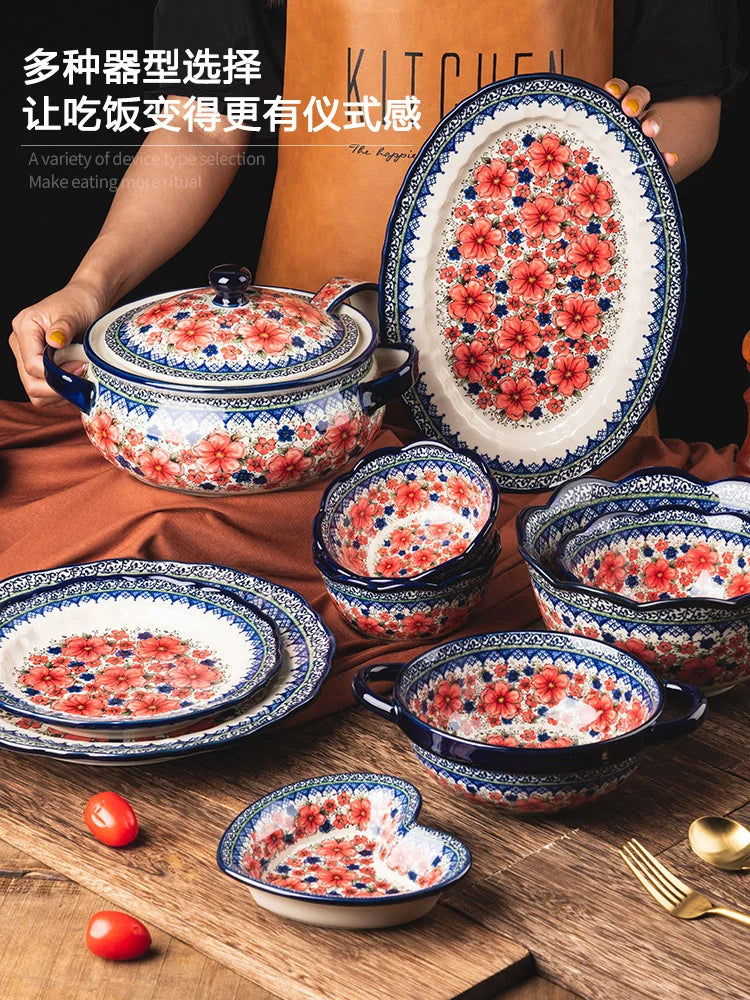 Creative Polish-Style Ceramic Collection – Double-Handle Noodle Bowls & Plates