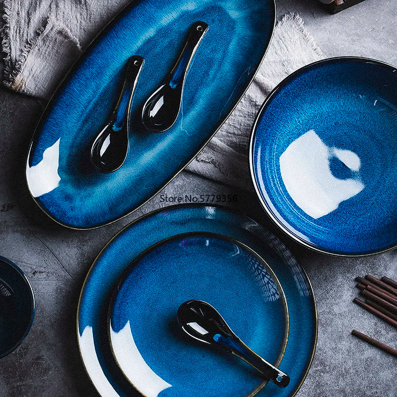 Japanese "Ocean Blue" Kiln Glazed Ceramic Dinnerware Set – Ramen Bowls & Plates