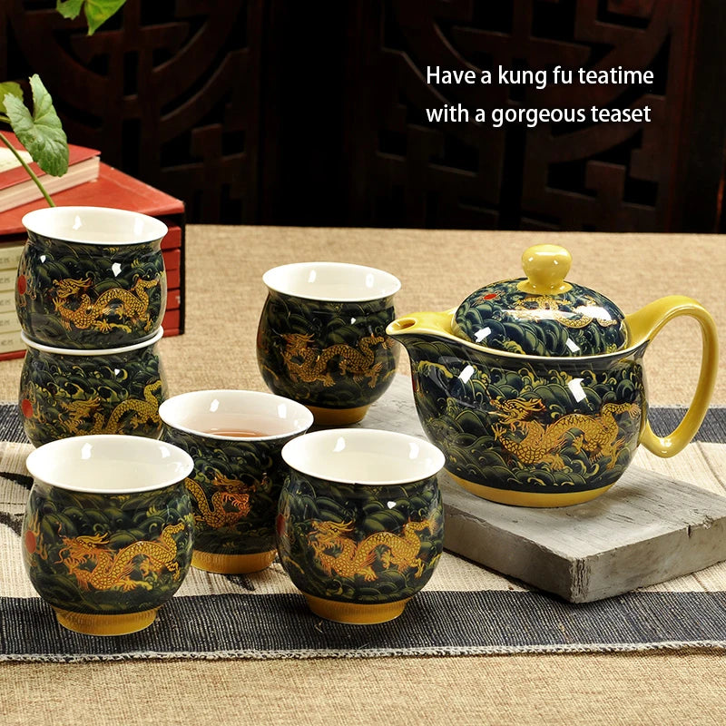 "Imperial Dragon" Chinese Kung Fu Tea Set – Porcelain Pot & Cups