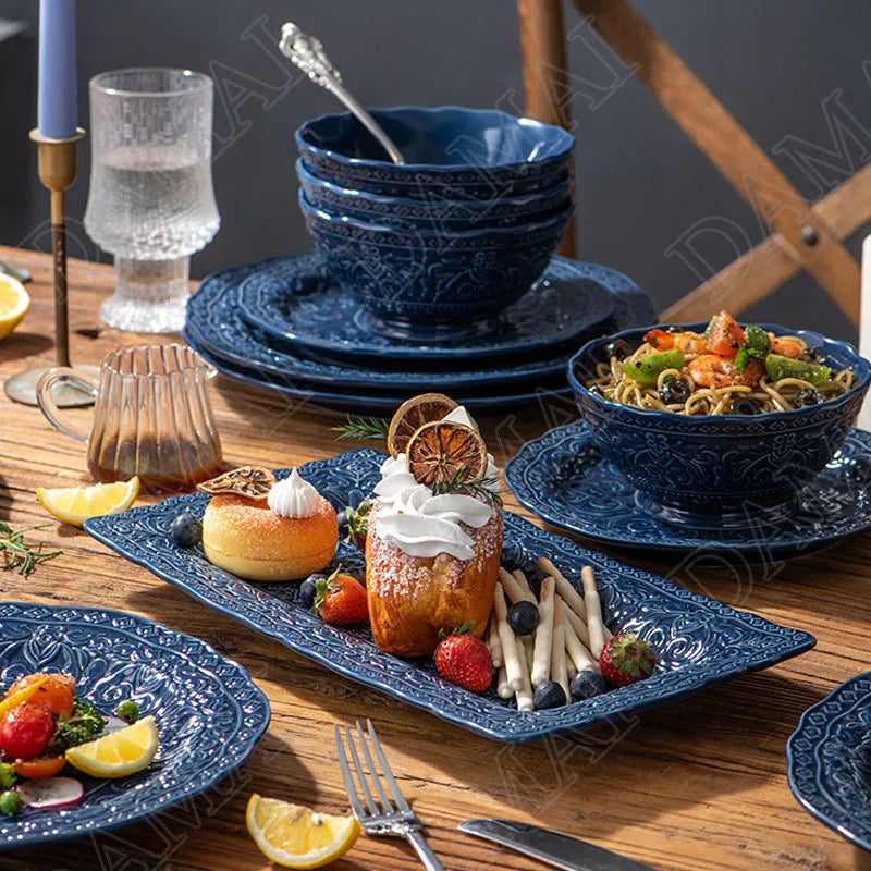 Retro Relief Underglaze Ceramic Dinnerware – Embossed Western Steak Plates