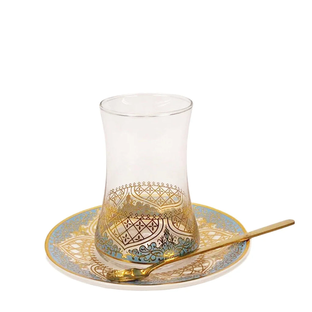 Turkish Blue & Gold Tea Glass Set with Saucers & Spoons