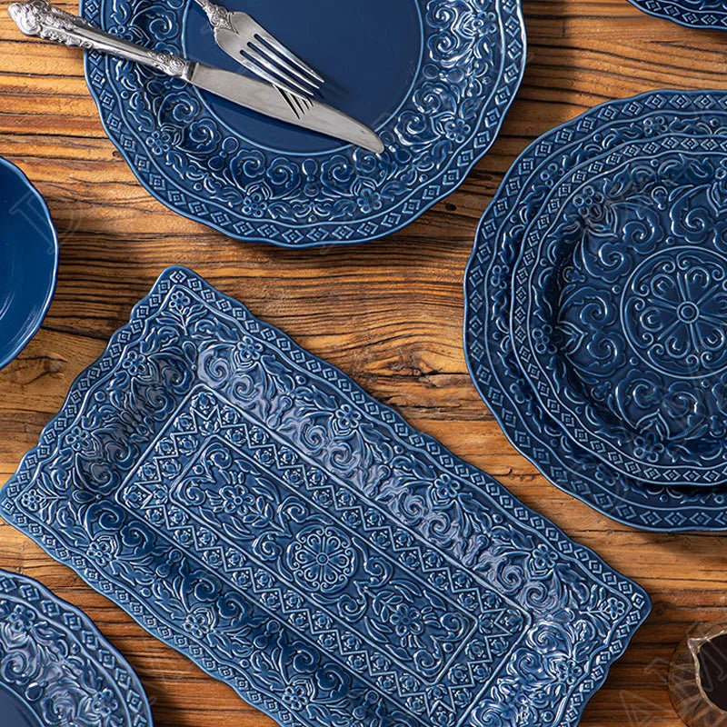 Retro Relief Underglaze Ceramic Dinnerware – Embossed Western Steak Plates