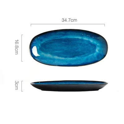 Japanese "Ocean Blue" Kiln Glazed Ceramic Dinnerware Set – Ramen Bowls & Plates