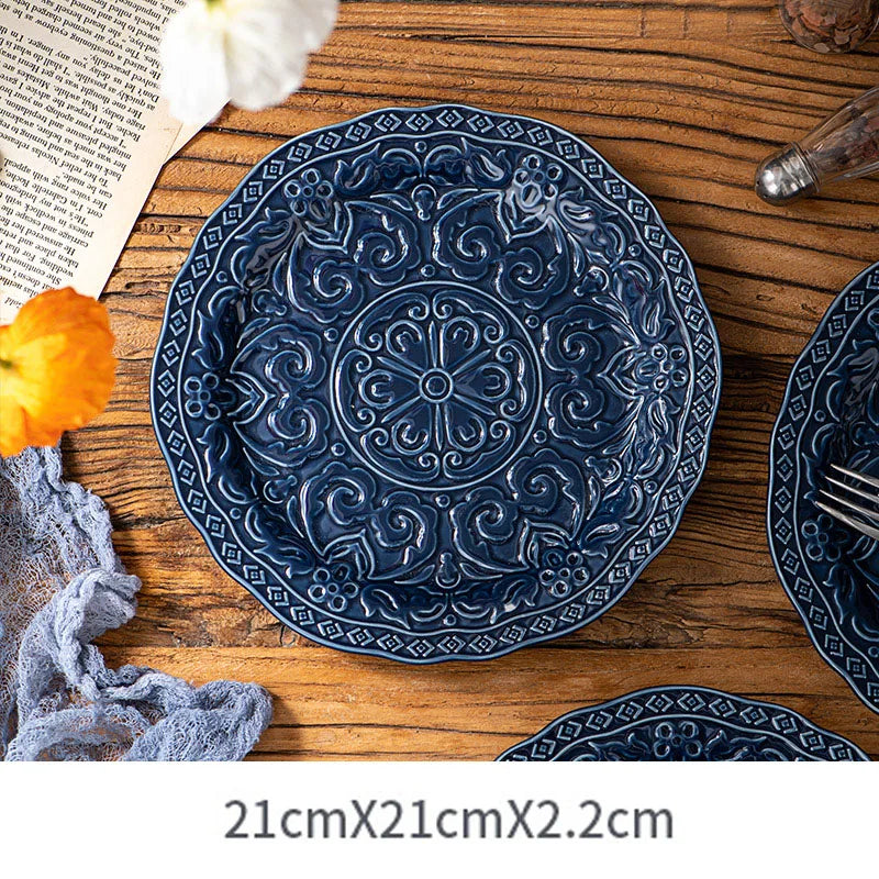 Retro Relief Underglaze Ceramic Dinnerware – Embossed Western Steak Plates