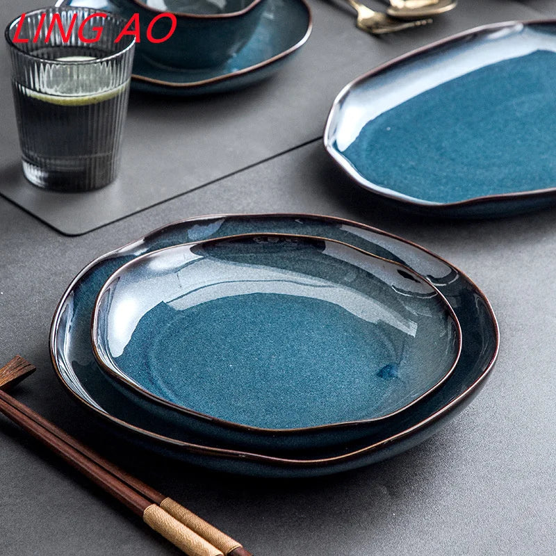 LingAo Japanese Kiln Glazed Ceramic Dinnerware Set – Artisan Bowls & Plates