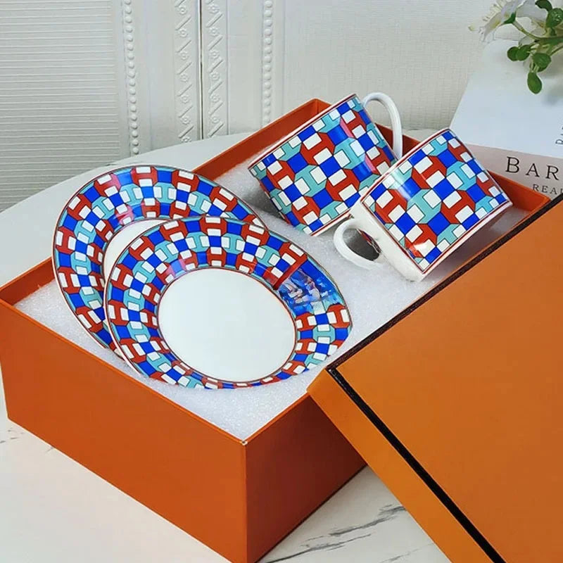 Fashionable European Style Red Tea & Coffee Set (2 Cups + 2 Plates) – Luxury Gift Box