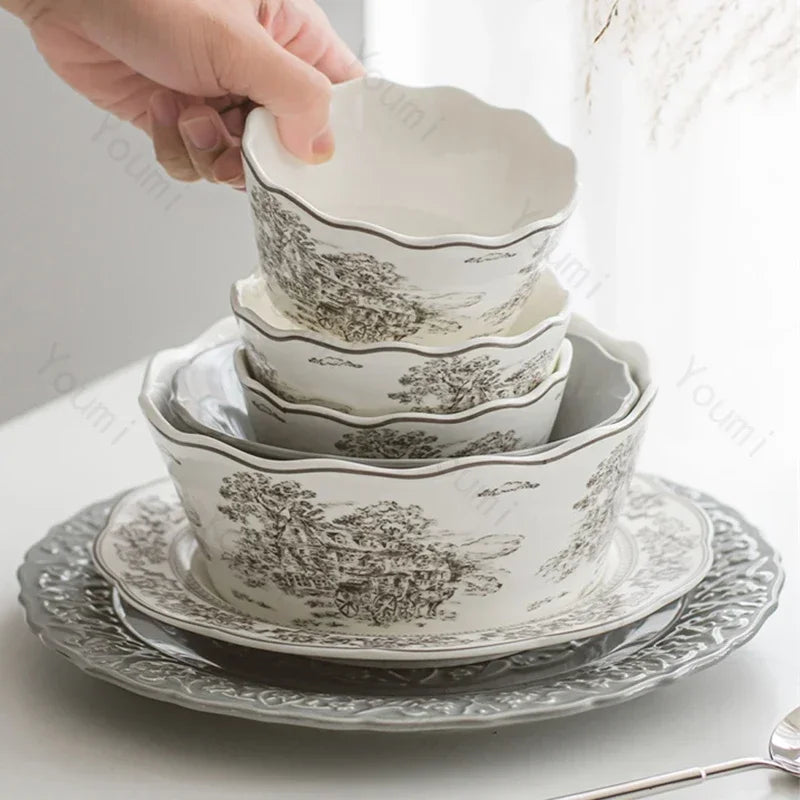 French Modern Gray Ceramic Dinnerware Collection – Luxury Steak Plates & Soup Bowls