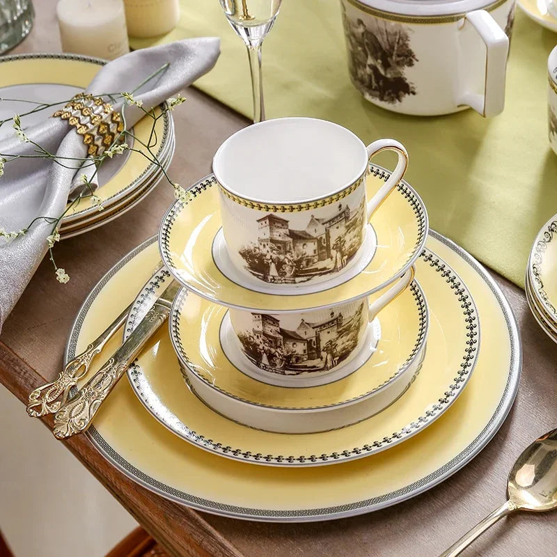 "Nordic Retro" Luxury Porcelain Dinner & Tea Set (Plates, Cups & Pot)