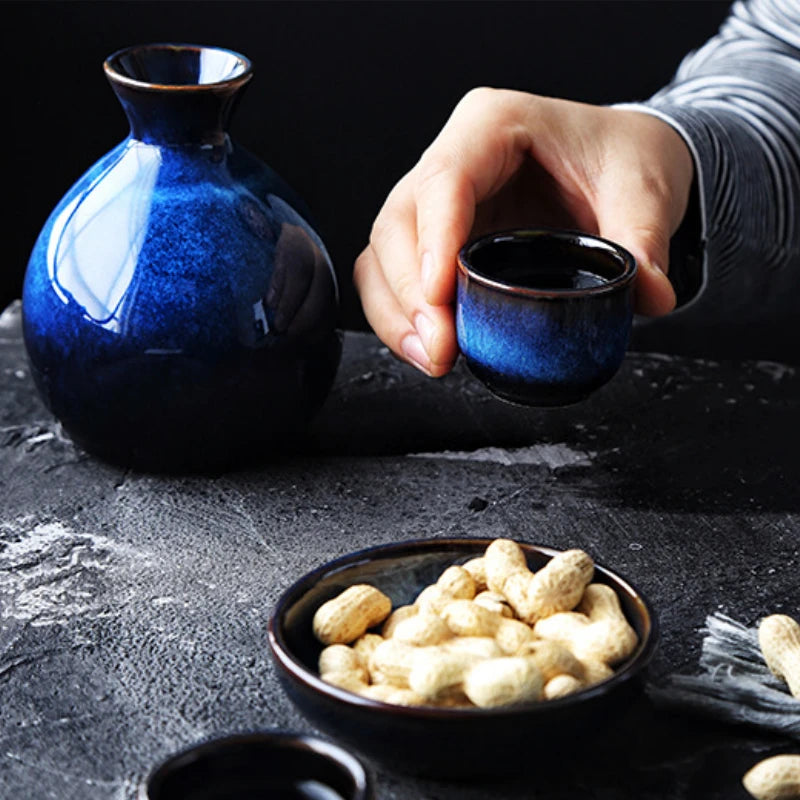 Retro Blue Japanese Sake Set (5-Piece)