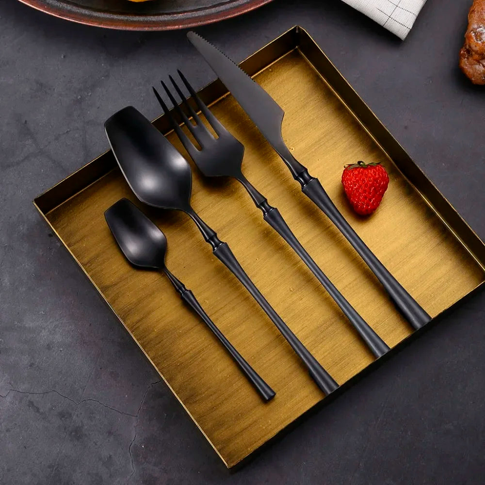 Modern Luxury Matte Black & Gold Flatware Set (24 Pieces) – Stainless Steel