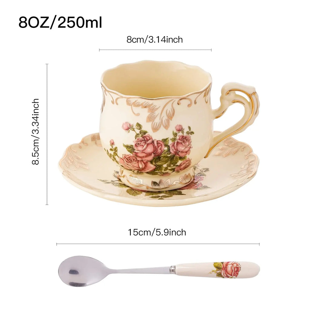 Classic Floral Ceramic Cup & Saucer Set (Ivory Edition)