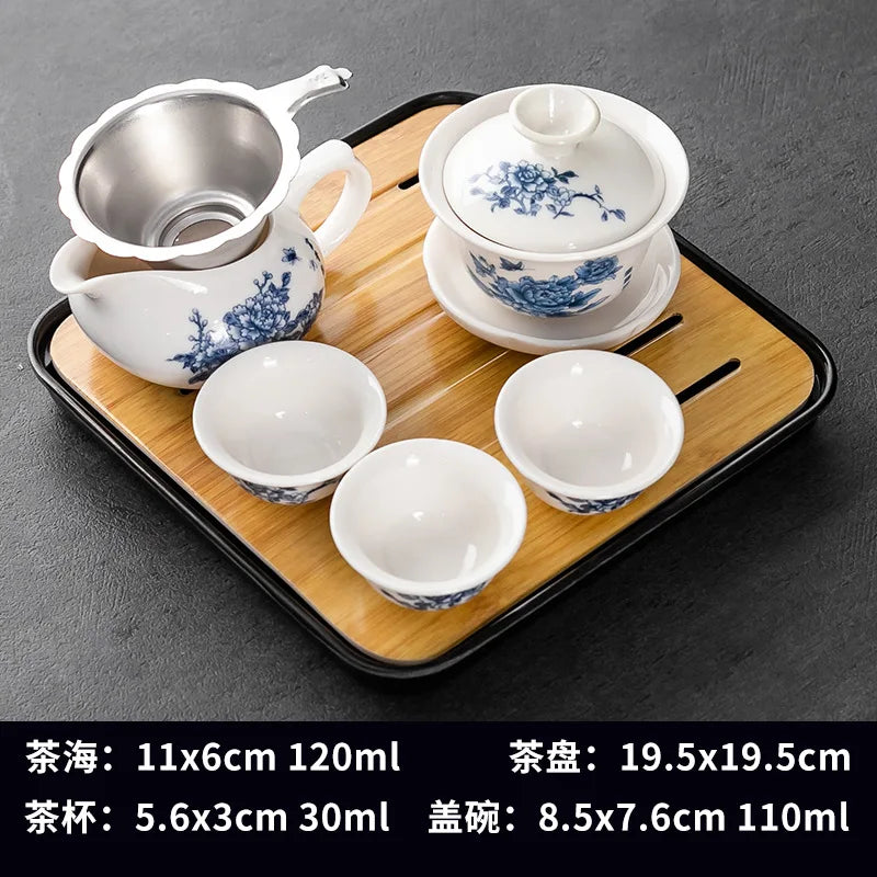 Household Kung Fu Tea Set (Gaiwan, 3 Cups & Dry Tray)