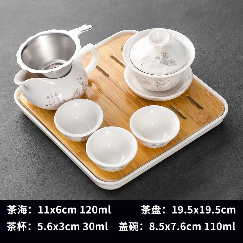 Household Kung Fu Tea Set (Gaiwan, 3 Cups & Dry Tray)