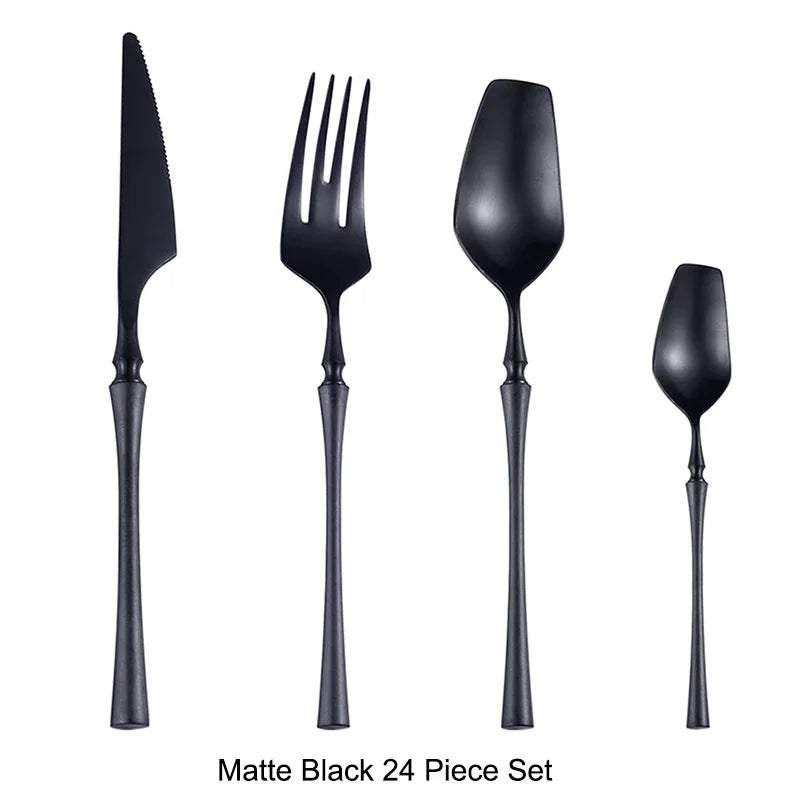 Modern Luxury Matte Black & Gold Flatware Set (24 Pieces) – Stainless Steel