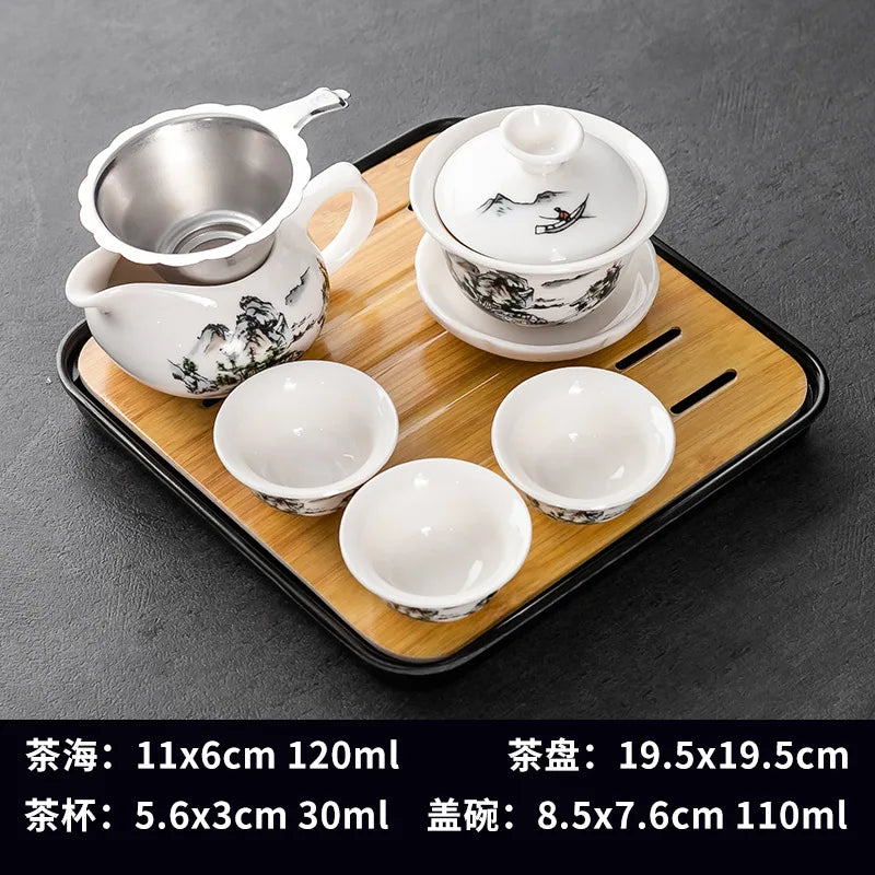 Household Kung Fu Tea Set (Gaiwan, 3 Cups & Dry Tray)