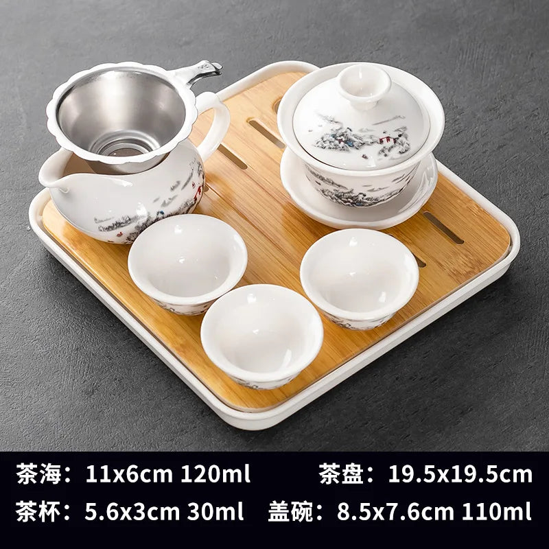 Household Kung Fu Tea Set (Gaiwan, 3 Cups & Dry Tray)