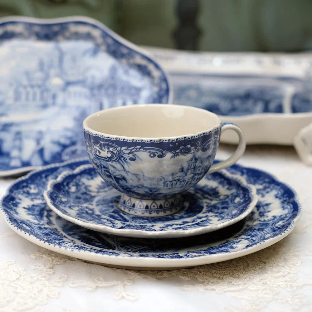 European "Blue Castle" Underglaze Ceramic Collection – Coffee Cups, Saucers & Dining Plates
