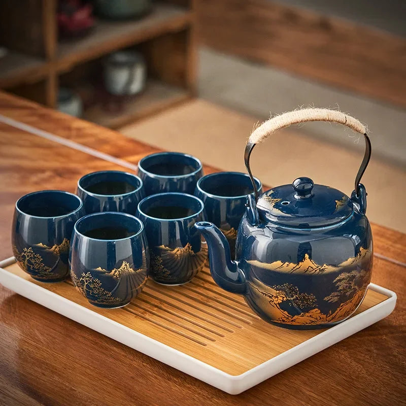 Large Capacity Black Glaze Tea Set – Ceramic Beam Pot