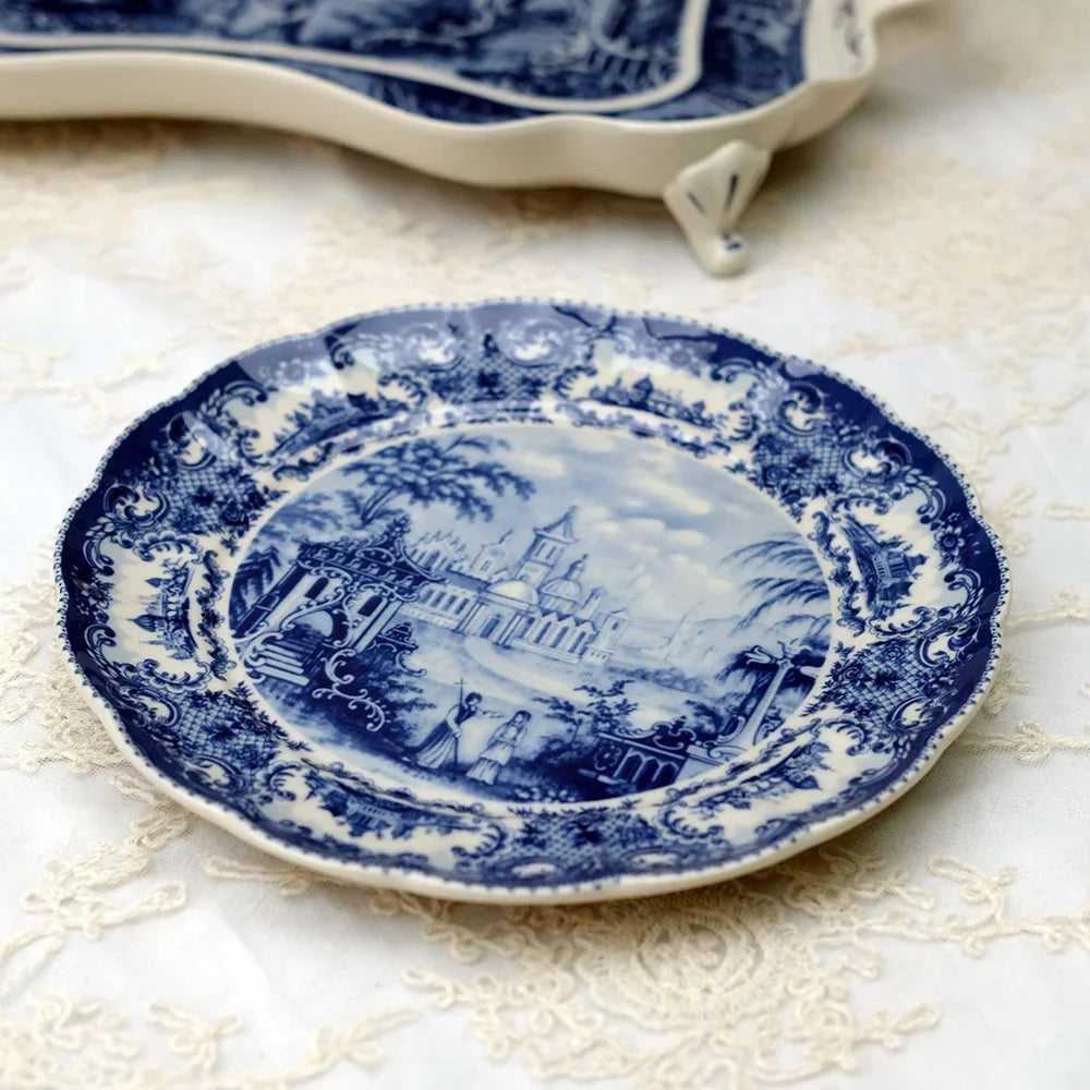 European "Blue Castle" Underglaze Ceramic Collection – Coffee Cups, Saucers & Dining Plates