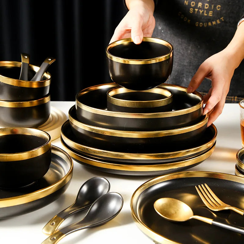 Modern Luxury Matte Black Dinner Set with Gold Rim (12 Pieces)