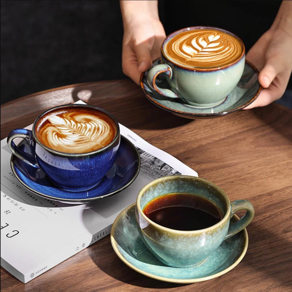 Retro Chic 300ml Ceramic Coffee Cup & Saucer Set – For Lattes & Afternoon Tea
