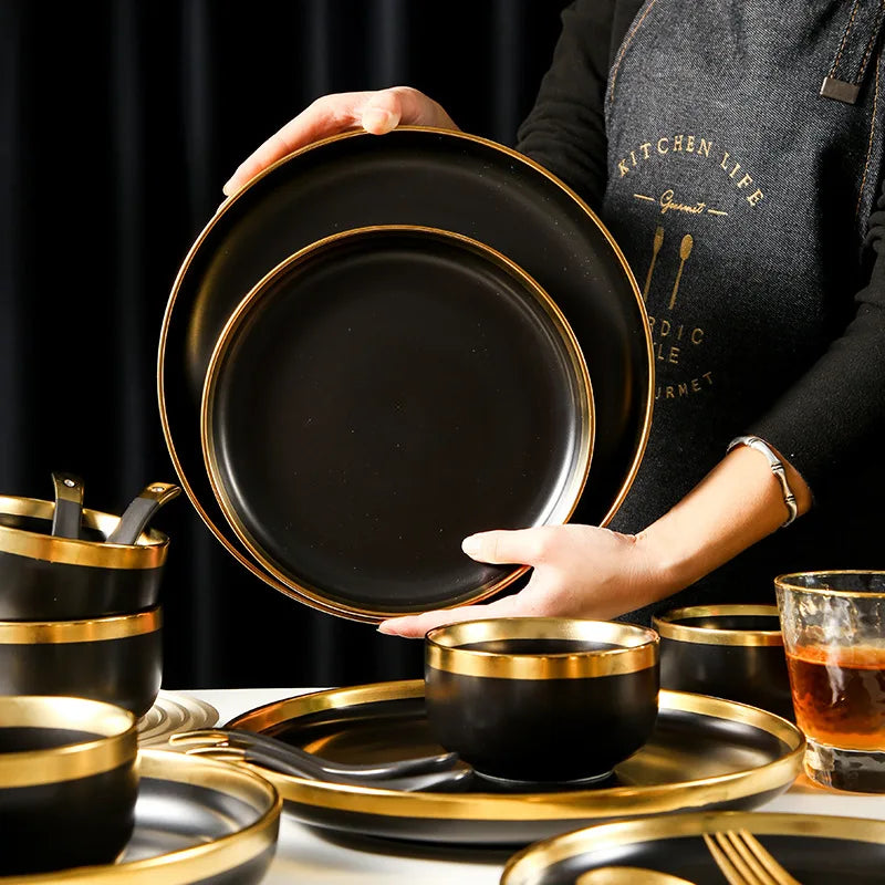 Modern Luxury Matte Black Dinner Set with Gold Rim (12 Pieces)