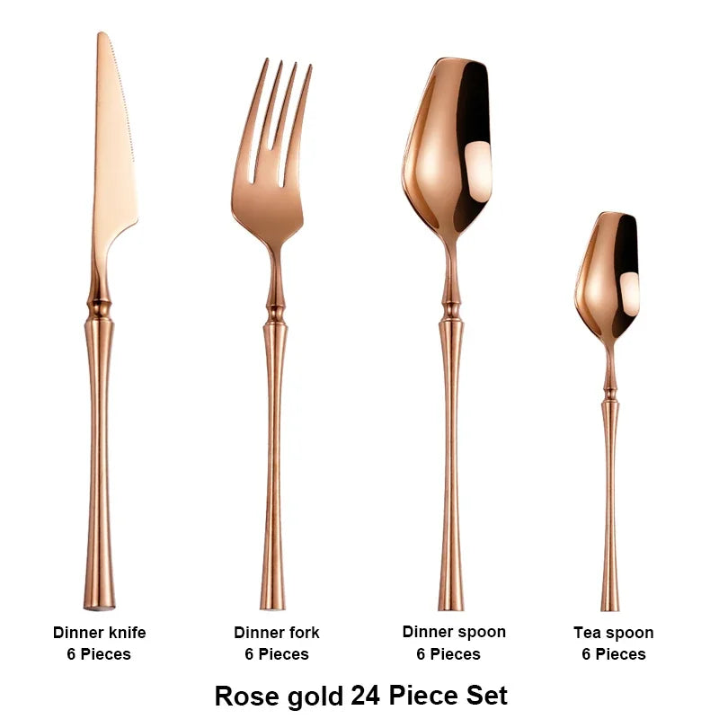 Modern Luxury Matte Black & Gold Flatware Set (24 Pieces) – Stainless Steel