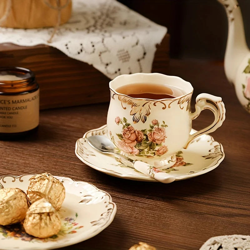 Classic Floral Ceramic Cup & Saucer Set (Ivory Edition)